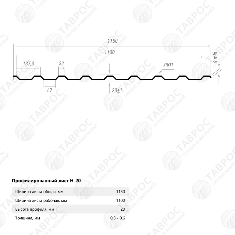 Профнастил Н-20 Zn 2000*1150*0,45 односторонний