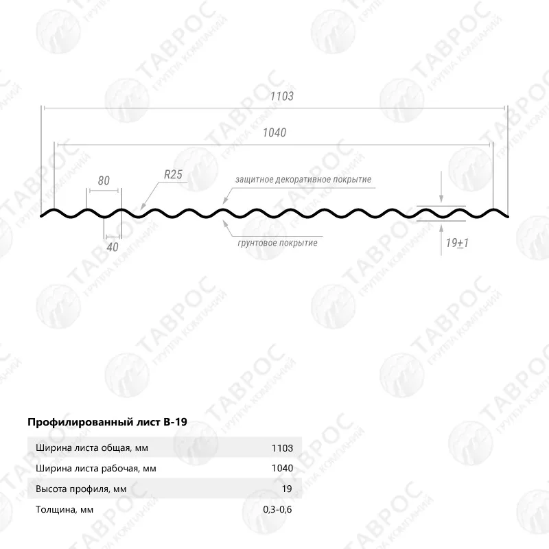 Гофрированный лист В-19 Zn 2500*1103*0,6 односторонний