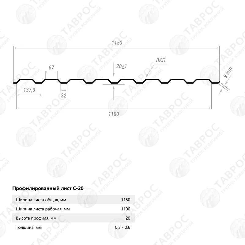 Профнастил С-20 Гладкий полиэстер RAL 9003 (Белый) 3000*1150*0,45 двухсторонний