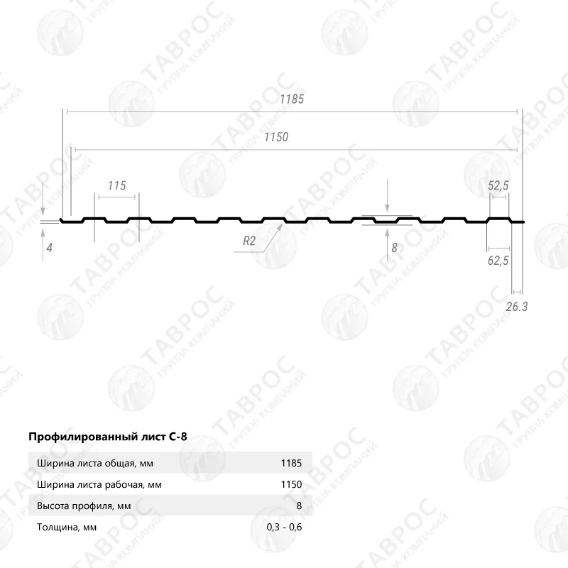 Профнастил С-8 Гладкий полиэстер RAL 7004 (Серый) 2500*1185*0,5 односторонний